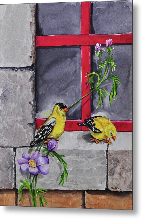 006 Gold Finches Metal Print featuring the painting 006 Gold Finches by Charlsie Kelly