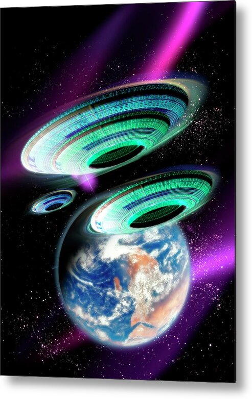 Threats Metal Print featuring the digital art Flying Saucers Invading Earth, Artwork #1 by Victor Habbick Visions
