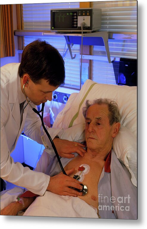 Coronary Care Unit Metal Print featuring the photograph Hospital Coronary Care: Doctor Examines Patient #1 by Simon Fraser/coronary Care Unit, Freeman Hospital, Newcastle/science Photo Library