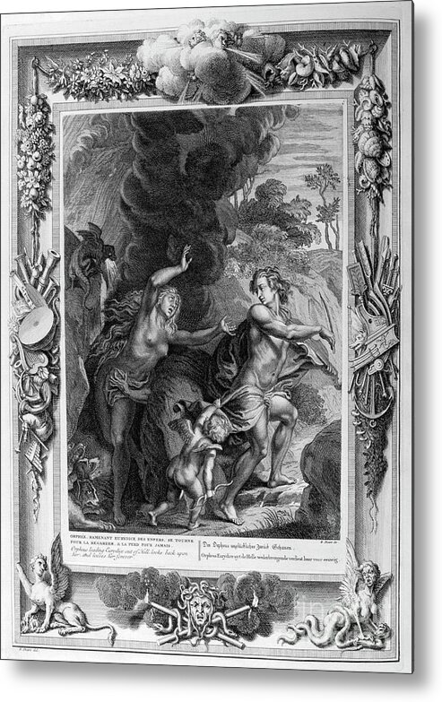 Engraving Metal Print featuring the drawing Orpheus, Leading Eurydice Out Of Hell #1 by Print Collector