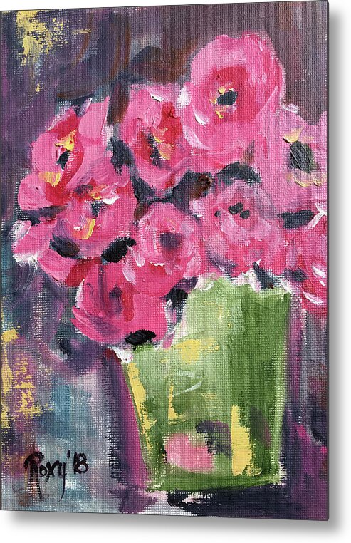 Roses Metal Print featuring the painting Pink Roses in a Green Bucket by Roxy Rich