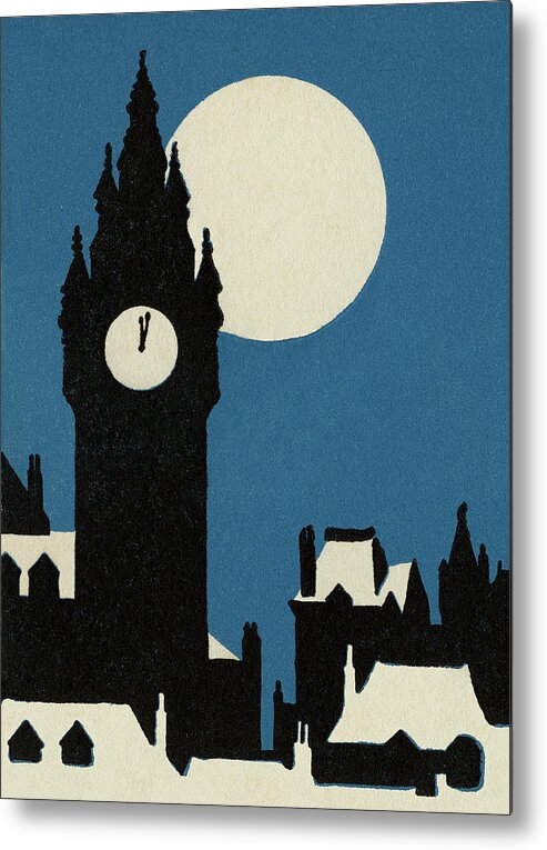Blue Metal Poster featuring the drawing Skyline With Clock Tower at Night #1 by CSA Images