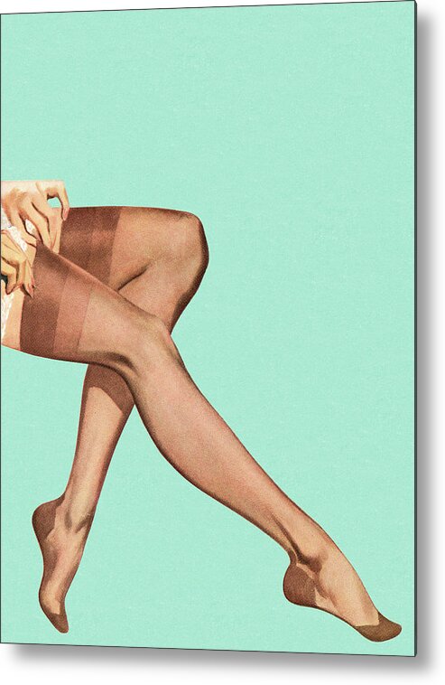 Adult Metal Print featuring the drawing Woman Putting Stockings on #1 by CSA Images