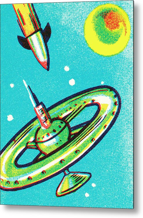 Blue Background Metal Poster featuring the drawing Rocket #19 by CSA Images
