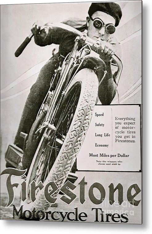 Vintage Metal Print featuring the mixed media 1920s Firestone Advertisement Motorcycle Tires by Retrographs