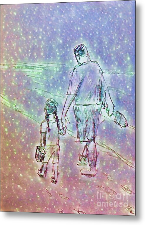 Father And Young Daughter Walking On The Beach; Father's Day Card Metal Print featuring the mixed media Magic Moment by Lavender Liu