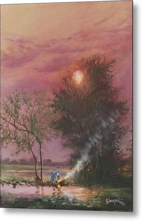 ; Bonfire Metal Print featuring the painting Bonfire By The Creek by Tom Shropshire