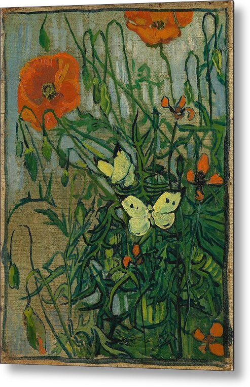 Oil On Canvas Metal Print featuring the painting Butterflies and Poppies. by Vincent van Gogh -1853-1890-