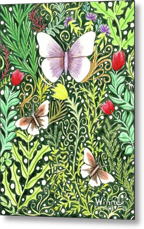 Lise Winne Metal Print featuring the painting Butterflies in the Millefleurs by Lise Winne