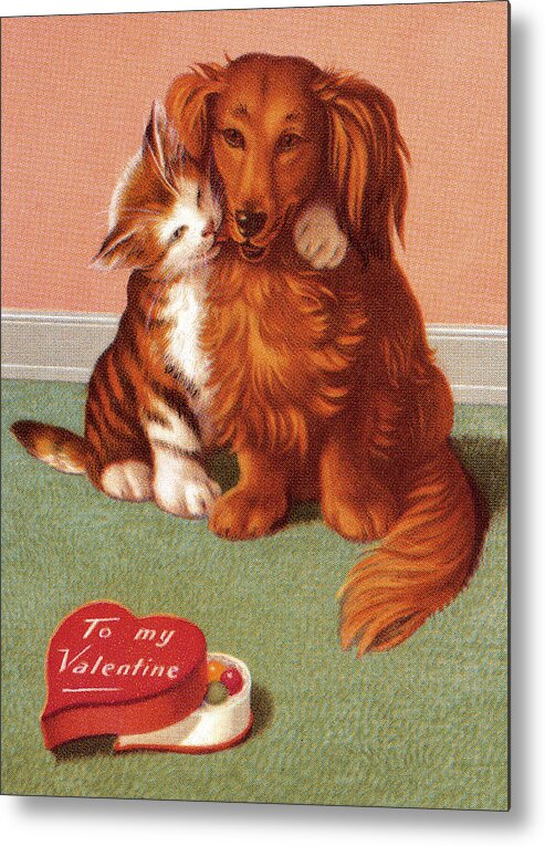 Affection Metal Poster featuring the drawing Cat and Dog Valentine by CSA Images