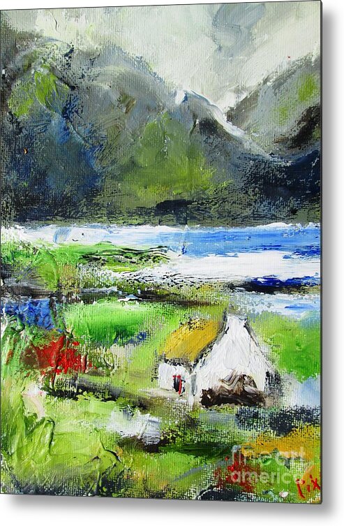 Connemara Metal Print featuring the painting Painting of connemara cottage by the lake by Mary Cahalan Lee - aka PIXI
