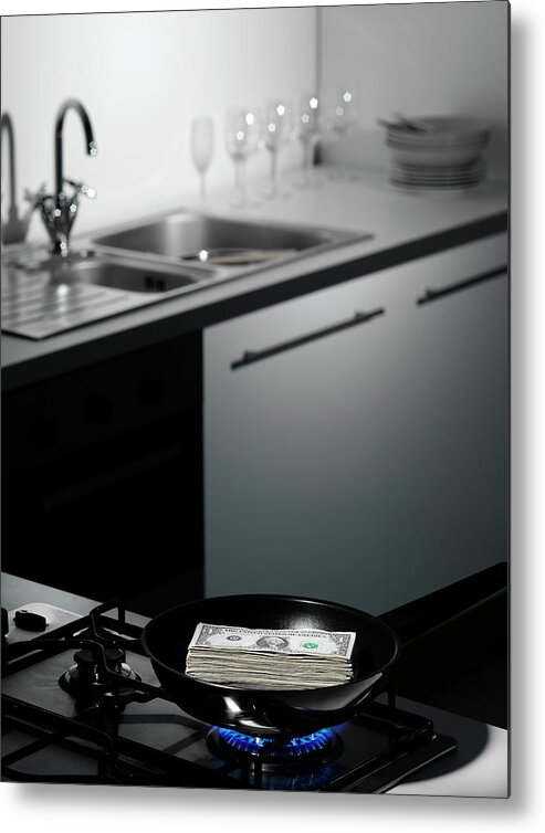 Problems Metal Print featuring the photograph Dollar Bills On Cutting Board In Kitchen by Walter Zerla