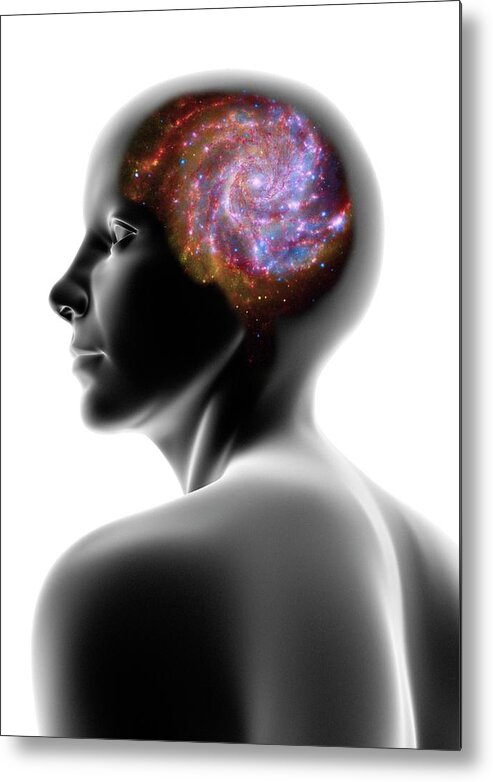 White Background Metal Print featuring the digital art Female Head And Spiral Galaxy by Pasieka