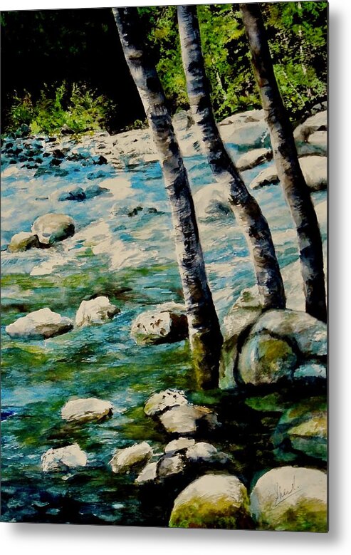 Rocky Waterfall Metal Print featuring the painting Gushing Waters by Sher Nasser