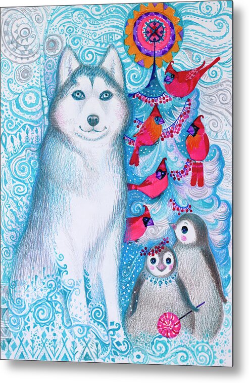Husky And Penguins Metal Print featuring the painting Husky And Penguins by Oxana Zaika