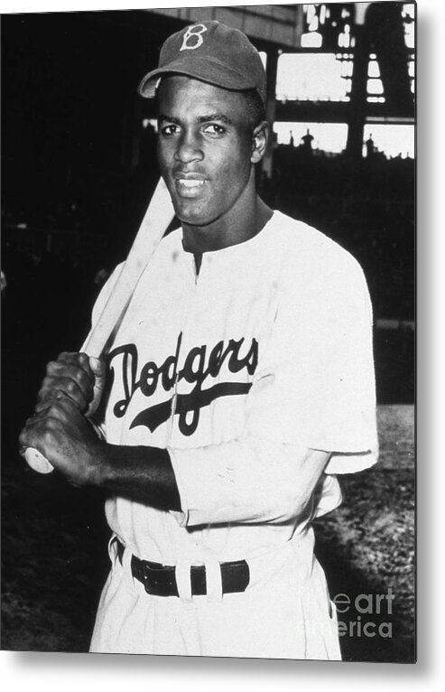 People Metal Print featuring the photograph Jackie Robinson Rookie Dodgers Portrait by Transcendental Graphics