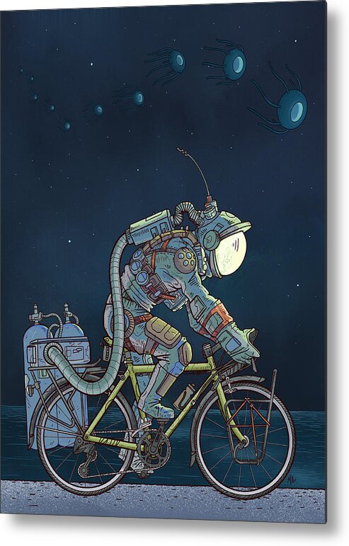 Digitalart Space Scifi Alien Bikes Cycling Spacesuit Scifiart Metal Print featuring the digital art LFT, -260 Degrees by EvanArt - Evan Miller
