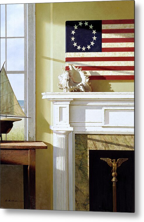 A Flag Hung Horizontally Over The Mantle Metal Print featuring the painting Liberty by Zhen-huan Lu