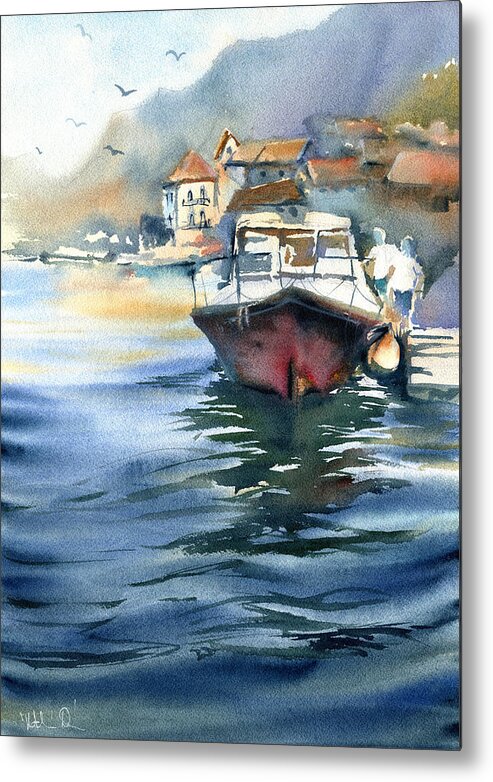 Watercolor Boat Metal Print featuring the painting Morning At The Bay by Dora Hathazi Mendes