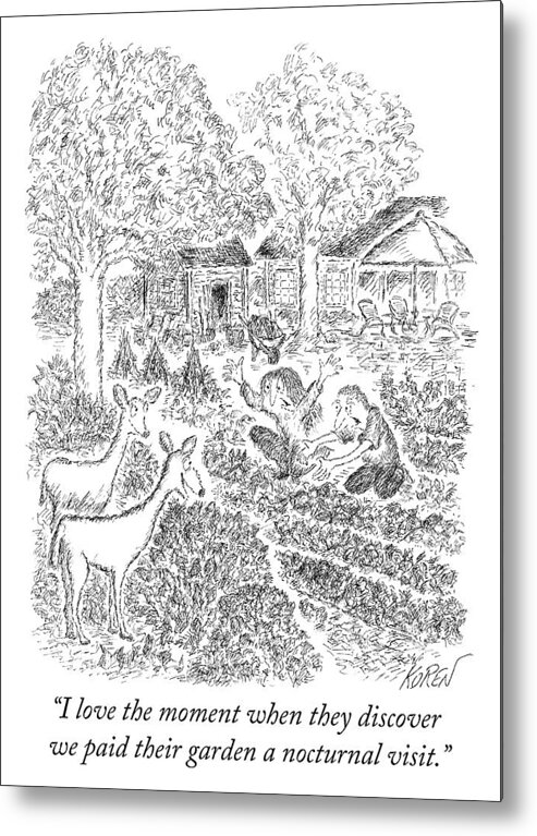 i Love The Moment When They Discover We Paid Their Garden A Nocturnal Visit. Metal Print featuring the drawing Nocturnal visit by Edward Koren