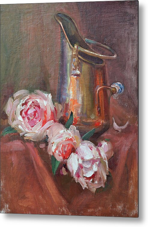 Roses & Copper Jug Metal Print featuring the painting Roses & Copper Jug by Svetlana Orinko