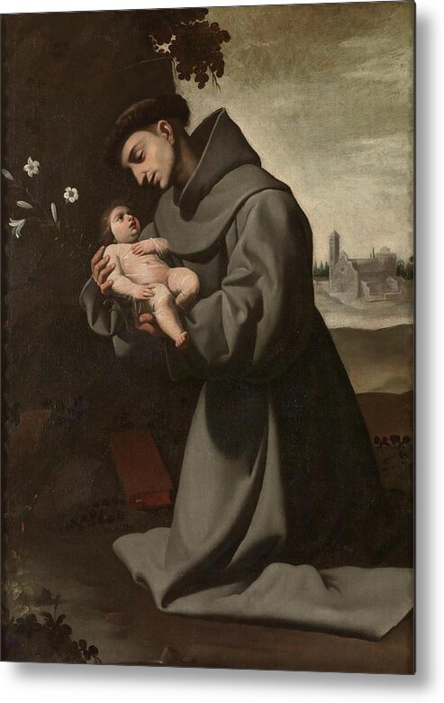 Francisco De Zurbaran Metal Print featuring the painting 'Saint Anthony of Padua with the Infant Christ'. 1635 - 1650. Oil on canvas. by Francisco de Zurbaran -c 1598-1664-