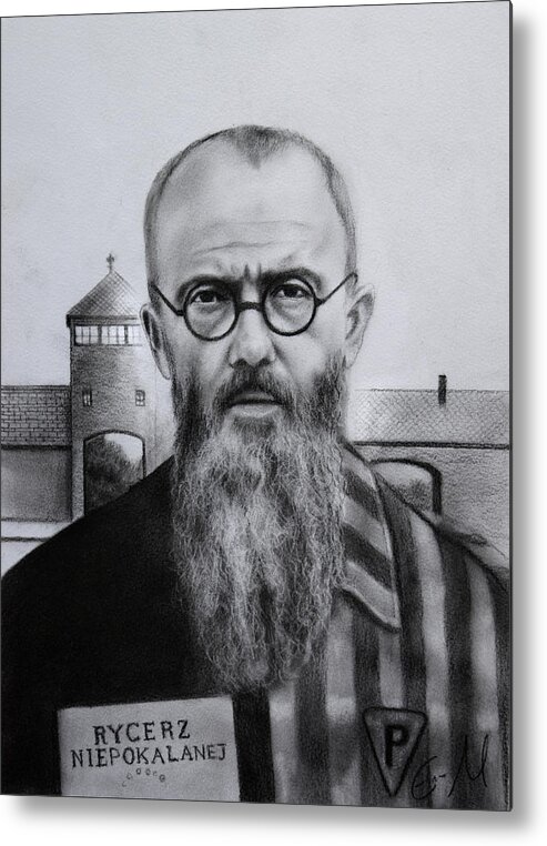 Saint Maximilian Kolbe Metal Print featuring the drawing Saint Maximilian Kolbe portrait by Eric Armusik