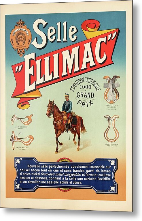1900 Metal Print featuring the drawing Selle Ellimac poster, France 1900 by Vincent Monozlay