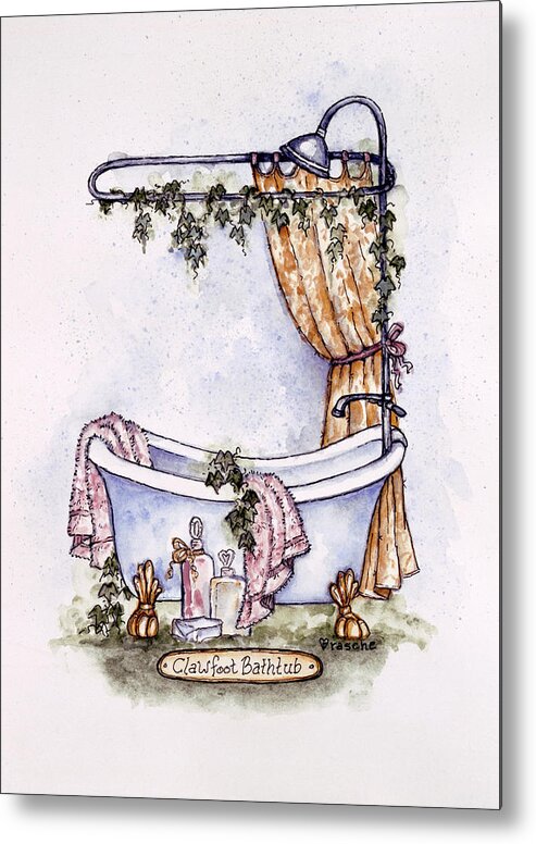 Clawfoot Bathtub With Towels On Edge And Oldfashioned Shower Set Up With Vines Around Pipes Metal Print featuring the painting Small Bathroom Interior by Shelly Rasche