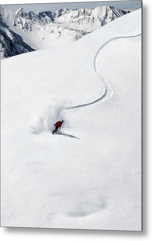 Recreational Pursuit Metal Print featuring the photograph Snowboarder On Slope, Distant View by Per Breiehagen
