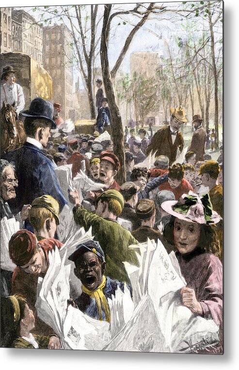 Street Metal Print featuring the drawing Street Shouting And Newspaper Merchant In Union Square, New York, The Venue Of Protest Public Meetings, Where Free Speech And Harangue Of The Crowds Were Allowed In 1890 Colour Engraving 19th Century by American School