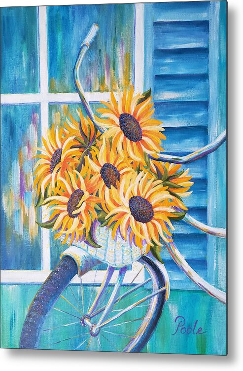 Sunflowers Metal Print featuring the painting Sunflower Bicycle at Seaside Cottage by Pamela Poole