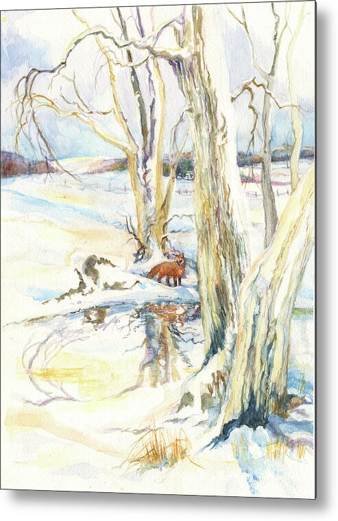 Winter Fox Metal Print featuring the painting Winter Fox by Nancy Watson