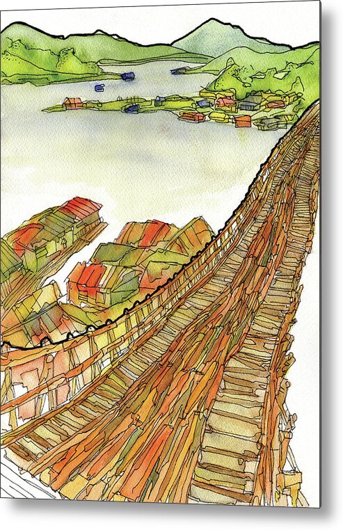 Landscape Metal Print featuring the painting Wooden Bridge of Reverend Auttama, Sangklaburi, Thailand by Craig Macnaughton