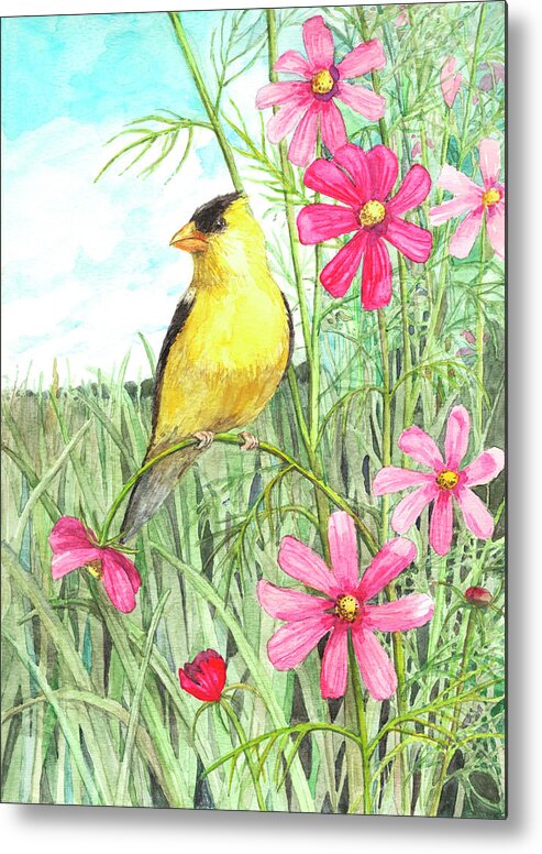 Finch Metal Print featuring the painting Yellow Finch Cosmos by Melinda Hipsher