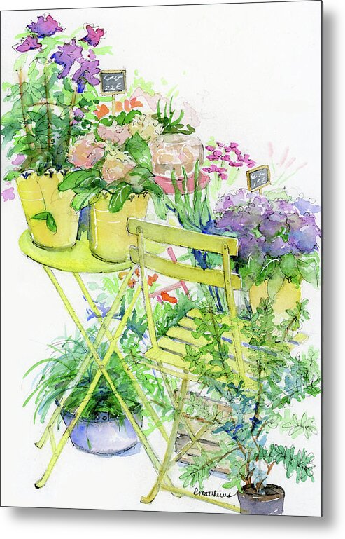 Parisian Flowers Metal Print featuring the painting Yellow pots, chair and table top by Rebecca Matthews