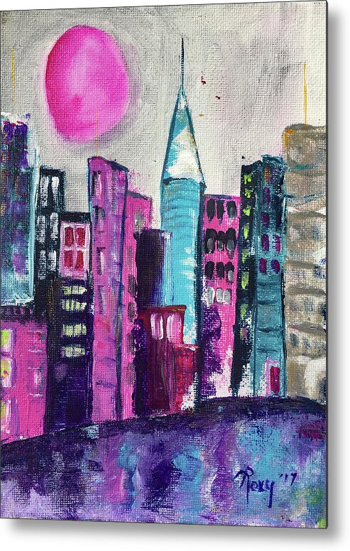 City Metal Print featuring the painting Pink Moon City by Roxy Rich