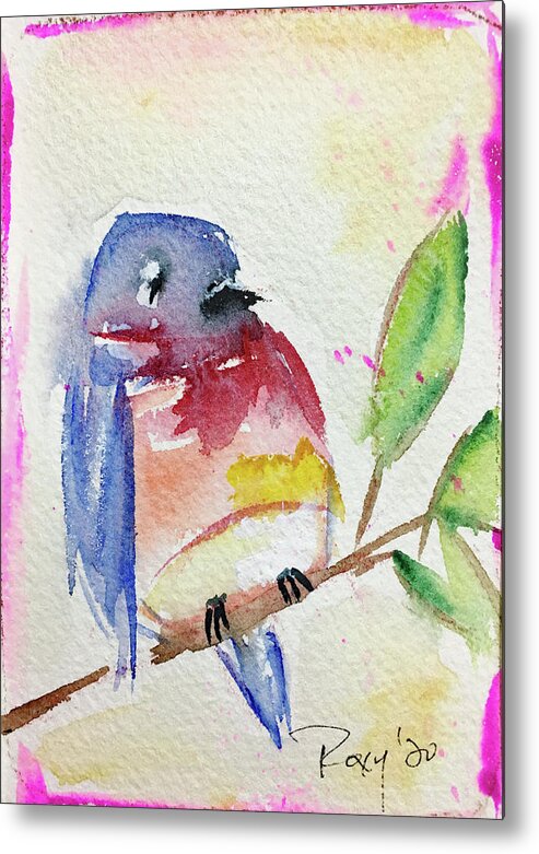 Watercolor Metal Print featuring the painting Bluebird on a Branch #2 by Roxy Rich