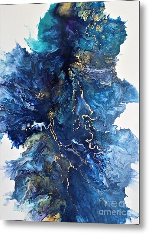 Acrylic Pour Metal Print featuring the painting 24K Gold on Blue by Karen Ann