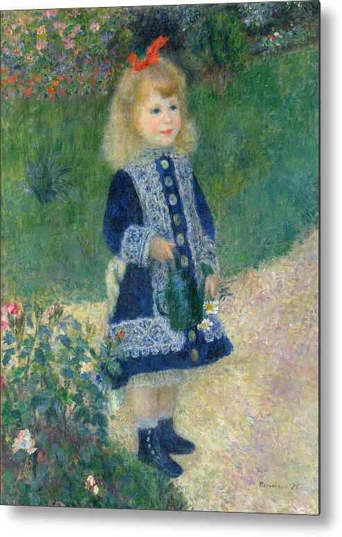 A Girl With A Watering Can Is An Impressionist Oil On Canvas Painting Created By Pierre Auguste Renoir In 1876 Metal Print featuring the painting A Girl with a Watering Can is an Impressionist oil on canvas painting created by Pierre Auguste Reno by MotionAge Designs
