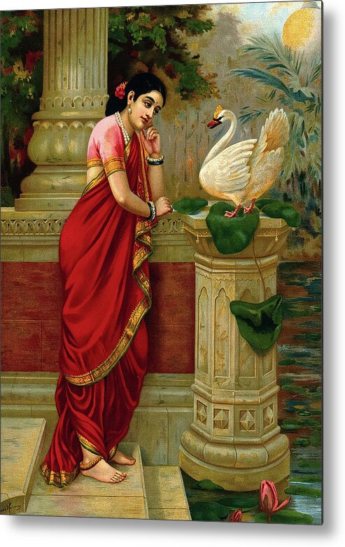 Raja Ravi Varma Metal Print featuring the painting A Swan telling Damayanti of Nala's love by Ravi Varma