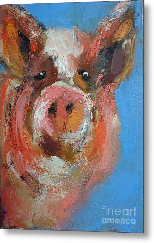 A Vibrant Painting Of A Piglet On Blue Metal Print featuring the painting A vibrant painting of a piglet on blue by Mary Cahalan Lee - aka PIXI