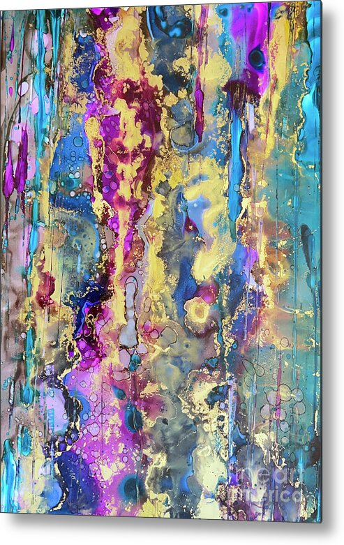 Alcohol Ink Metal Print featuring the painting Abstract Gold Purple Galaxy Painting by Joanne Herrmann