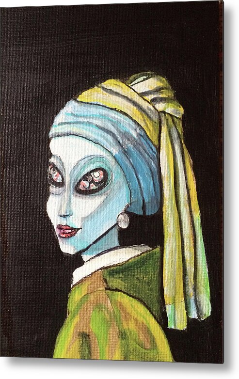 Alien Metal Print featuring the painting alien Girl with a Pearl Earring by Similar Alien
