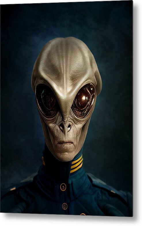 Alien Ufo Wall Art Metal Print featuring the painting Alien in flight uniform by Vincent Monozlay