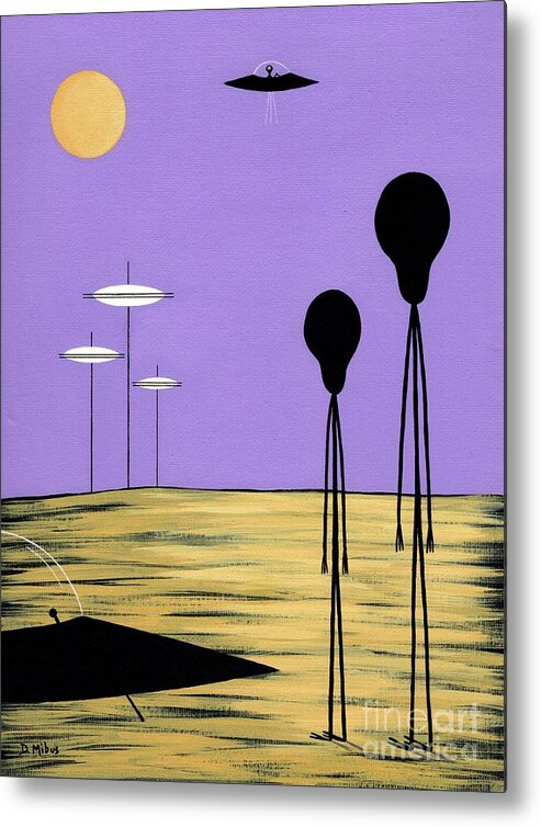 Retro Metal Print featuring the painting Aliens Yellow Planet Purple Sky by Donna Mibus