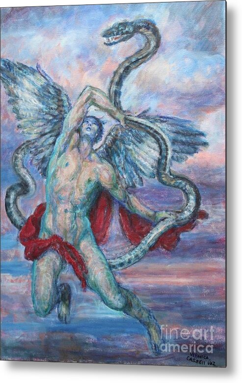 Angel Metal Print featuring the painting Angel Fighting Evil by Veronica Cassell vaz