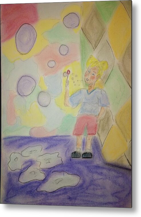 Child Metal Print featuring the pastel Ashley Blowing Bubbles by Suzanne Berthier