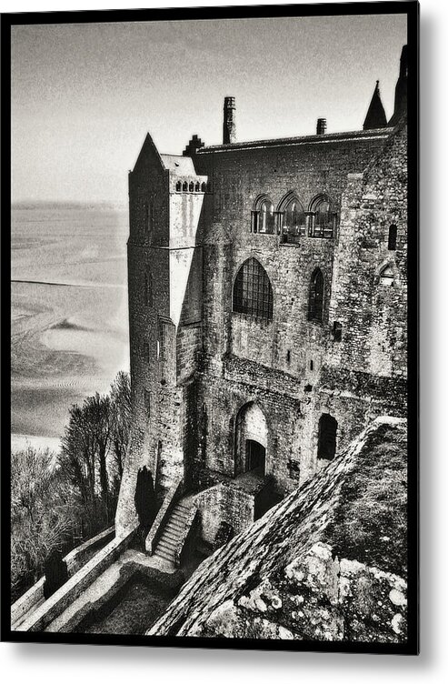 Atop Mont Saint Michel In Grayscale Metal Print featuring the photograph Atop Mont Saint Michel in Grayscale by Susan Maxwell Schmidt