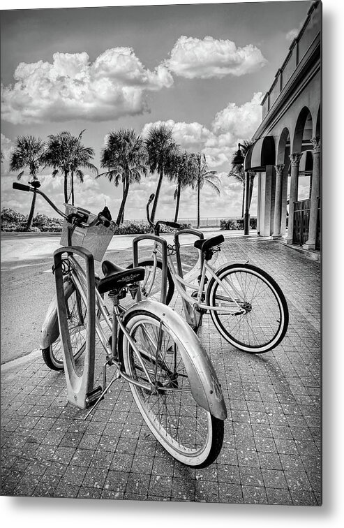 Black Metal Print featuring the photograph Bicycles at the Beach Casino Black and White by Debra and Dave Vanderlaan